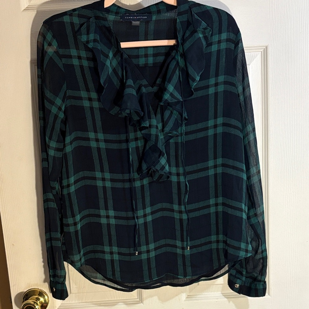 Women’s Tommy Hilfiger Navy and Green Plaid Ruffle Tie-Neck Blouse Medium